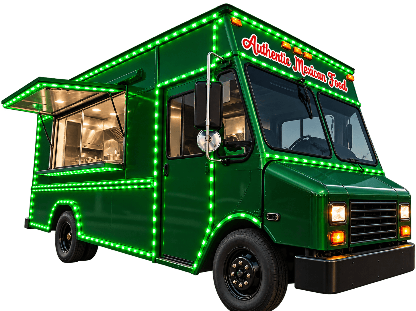 Green food truck fully wrapped for Authentic Mexican Food with bright green LED trim lighting along the roofline and service window