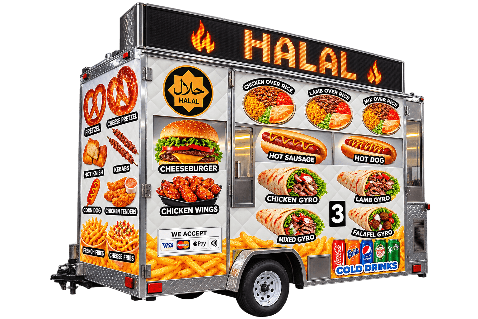 Halal food pushcart fully wrapped with a full menu and a red LED marquee spelling HALAL with a flame icon