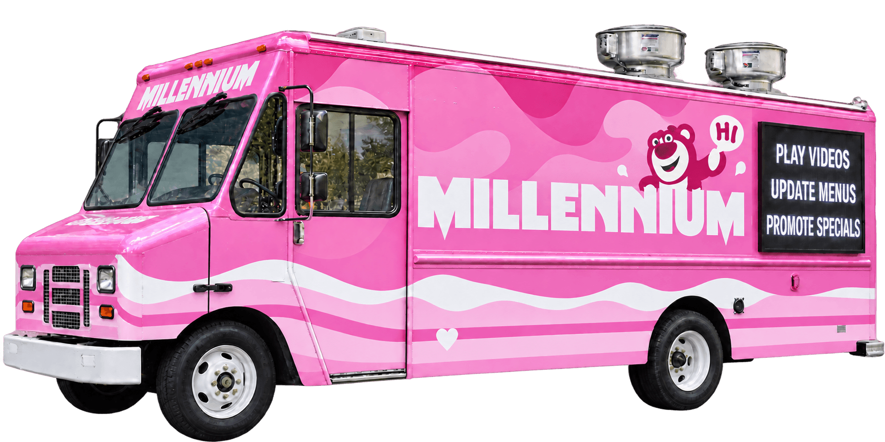 Pink Millennium food truck fully wrapped with a cartoon bear mascot and a digital menu board display