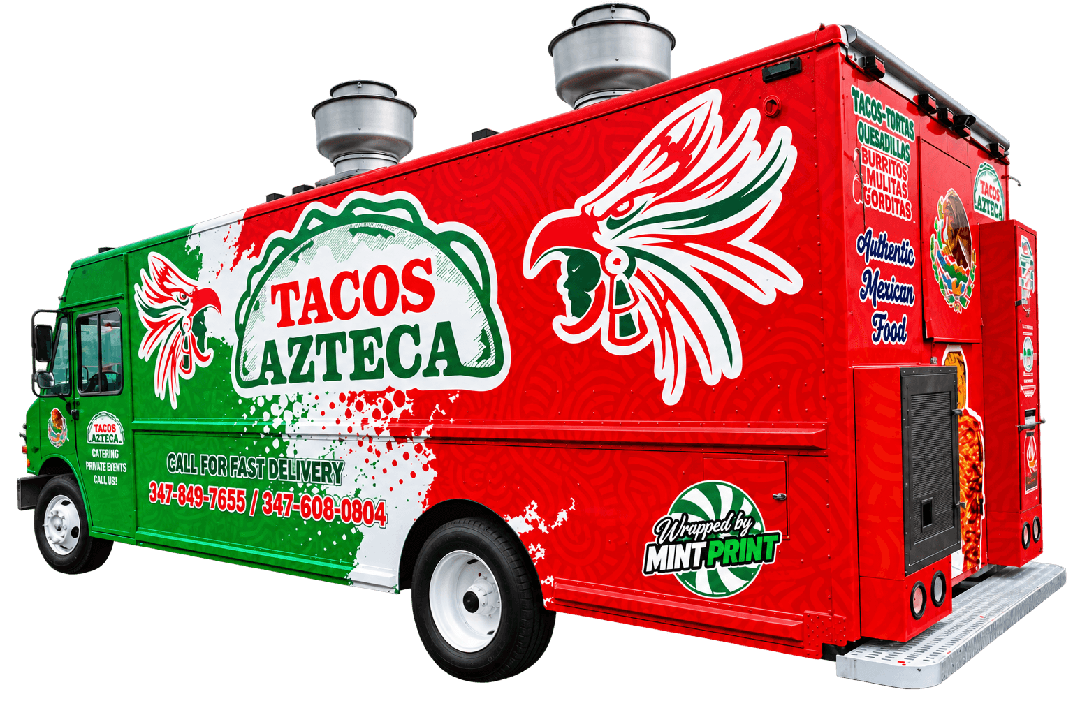 Tacos Azteca food truck wrapped in red, white, and green with a full menu and a Wrapped by Mint Print badge