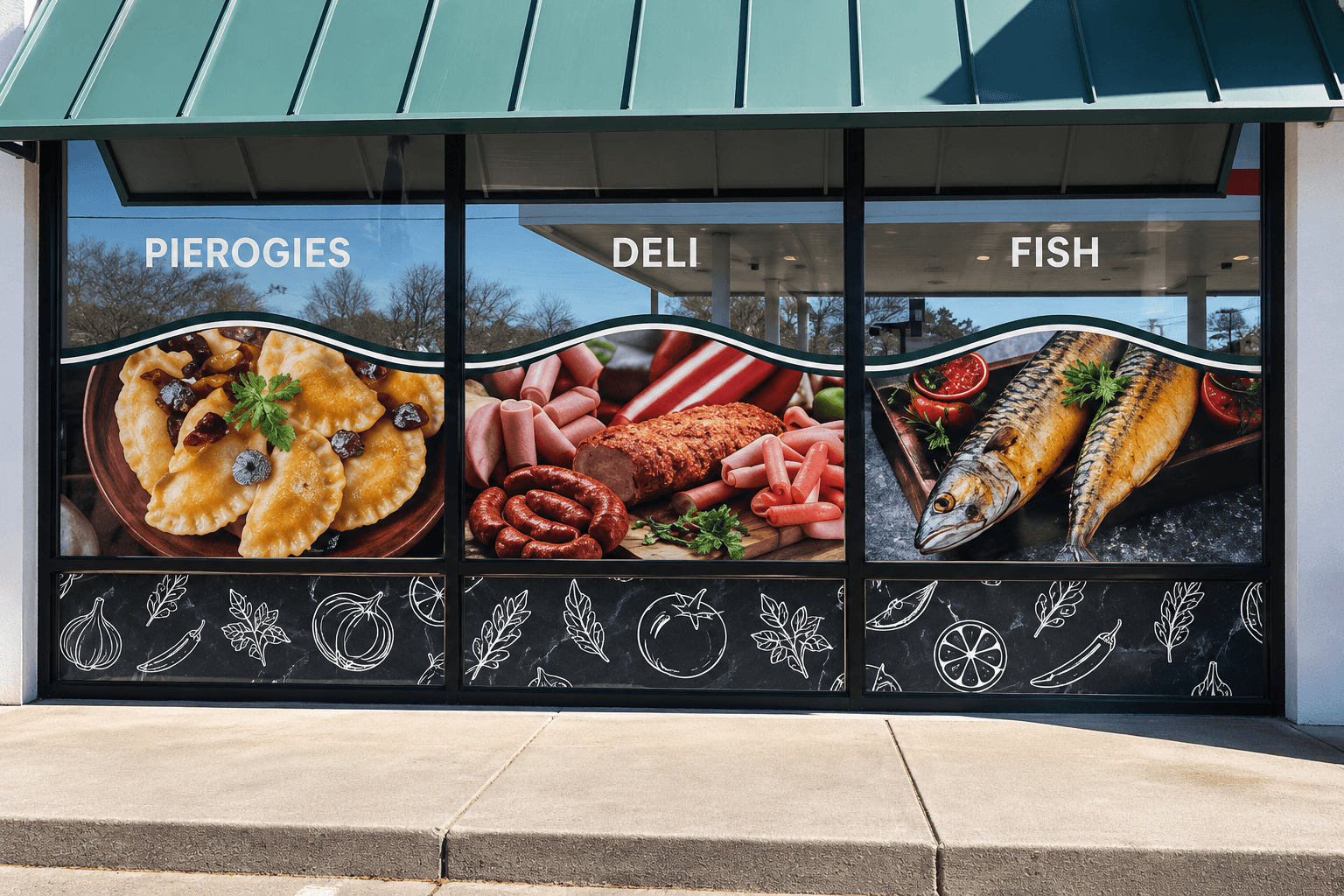 Deli storefront window graphics advertising pierogies, deli meats, and fish