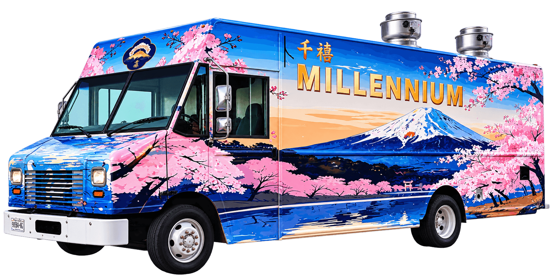 Millennium food truck fully wrapped in a blue and pink cherry blossom design with Mount Fuji artwork